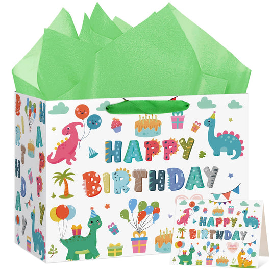 Hooqict Large Dinosaur Gift Bag Happy Birthday Gift Bag with Handles, Wrapping Tissue Paper and Greeting Cards for Kids Boys 1st 2nd 3rd Dinosaur Birthday Party Supplies Baby Showers