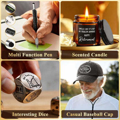 Cabtnca 8 Pcs Retirement Gifts for Men Funny Retirement Gift for Men 2026, for Coworker Dad Boss Grandpa Teachers, Includes Mug Hat Candle Socks Dice Pen Greeting Card, Retired Gifts for Man