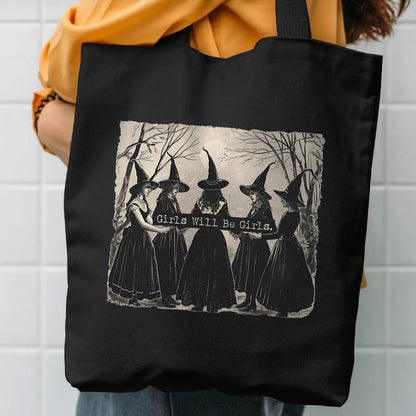 Kimoli Aesthetic Witchy Canvas Tote Bag for Women Funny Witchy Gifts for Women Cute Girls Will Be Girls Canvas Bag Spooky Reusable Beach Shoulder Grocery Casual Bag for Work Travel, Black