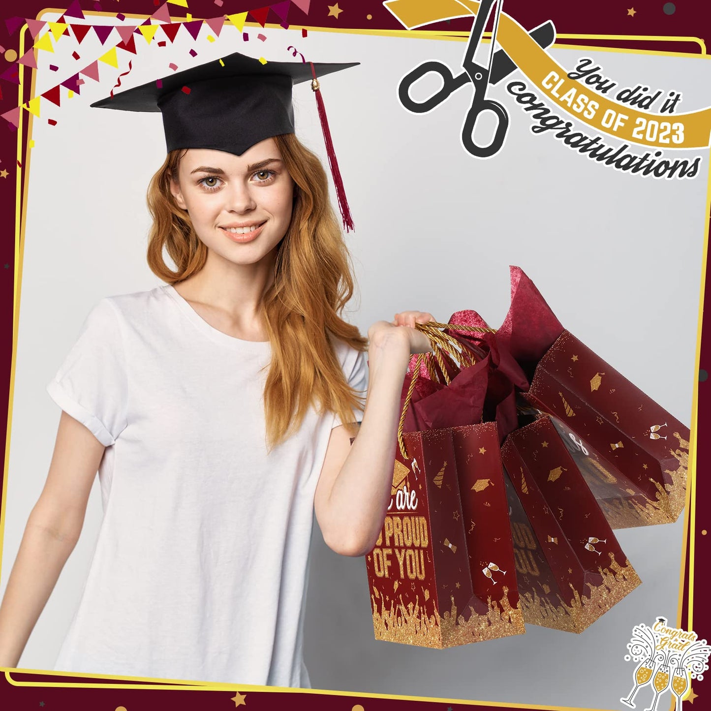TaoBary 12 Pcs Graduation Gift Bags with Tissue Party Favor Bag Handles Class of 2026 Grad Paper Goodie Bulk for Congrats Supplies(Burgundy Gold)