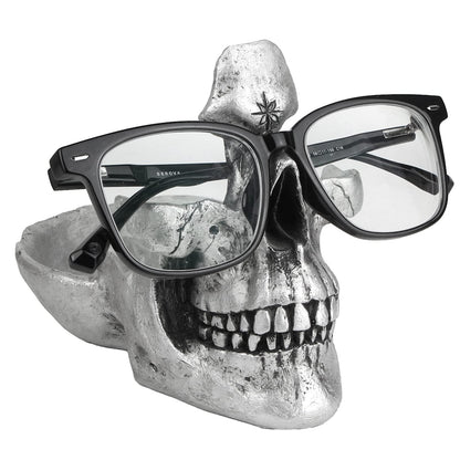 Mrlikale Skull Glasses Stand, Creative Eyeglasses Display Rack, Sunglasses Spectacle Holder, Key Holder Resin Sculptures for Entryway, Home, Office, Desk, Nightstand (Silver)
