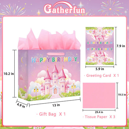 Princess Castle Birthday Gift Bag Set - Includes Card & Tissue Paper, Medium Size 13x10.2x4.9”, Ideal Birthday Bag for Women, Girls, and Kids’ Party
