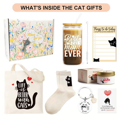 LUICONMO Cat Mom Gifts, Cat Lover Gifts For Women, Mothers Day Gift For Mom Cute Cats Themed Gift For Crazy Cat's Lady, Women, Daughters with 16oz Glass cup