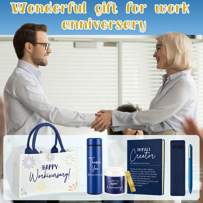 Thenshop 6 Pcs Happy Workiversary Gifts Set for Men Women Employee Appreciation Gifts Include Tumbler Leather Notebook Pen Tote Bag Scented Candle for Office Coworker Employee (Blue)