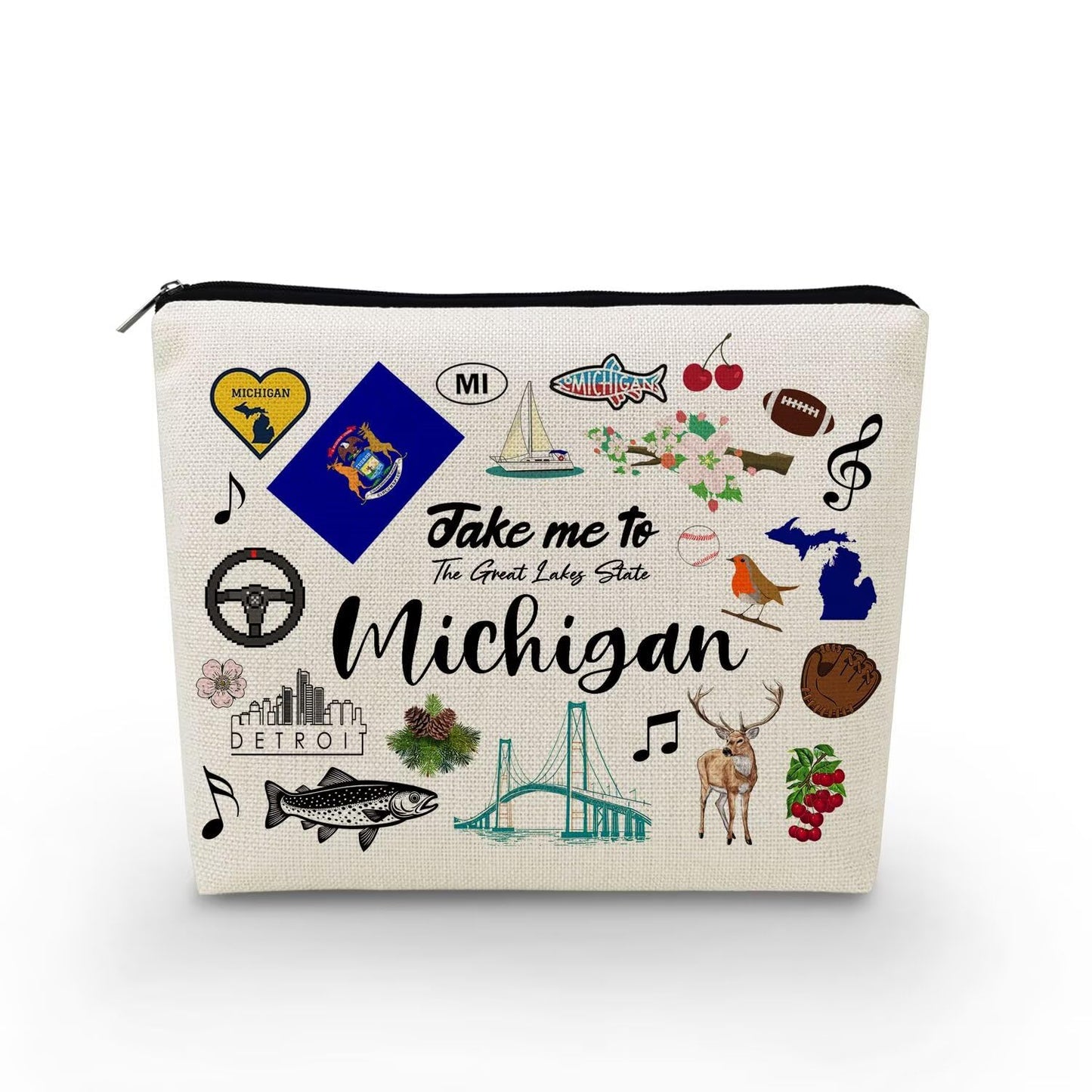 Take Me To Michigan Makeup Bag Michigan Travel Gift Small Canvas Organizer Bag with Zipper Cosmetic Bag Travel Present for Women Friends Families