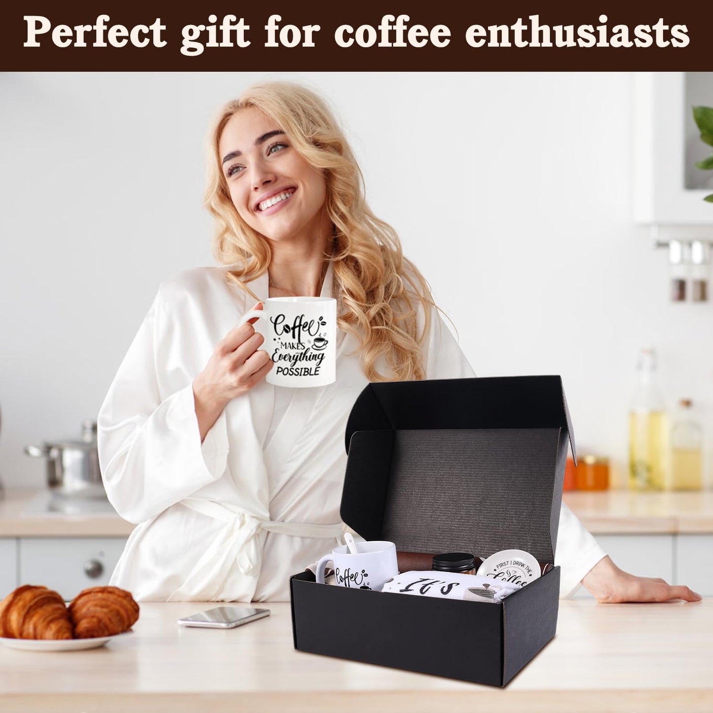 Coffee Lover Gifts, Coffee Gift Basket Set Includes Mug Spoon and Spoon Rest Towel Scented Candles Drying Mat Socks Birthday Christmas Gift Ideas for Women Men