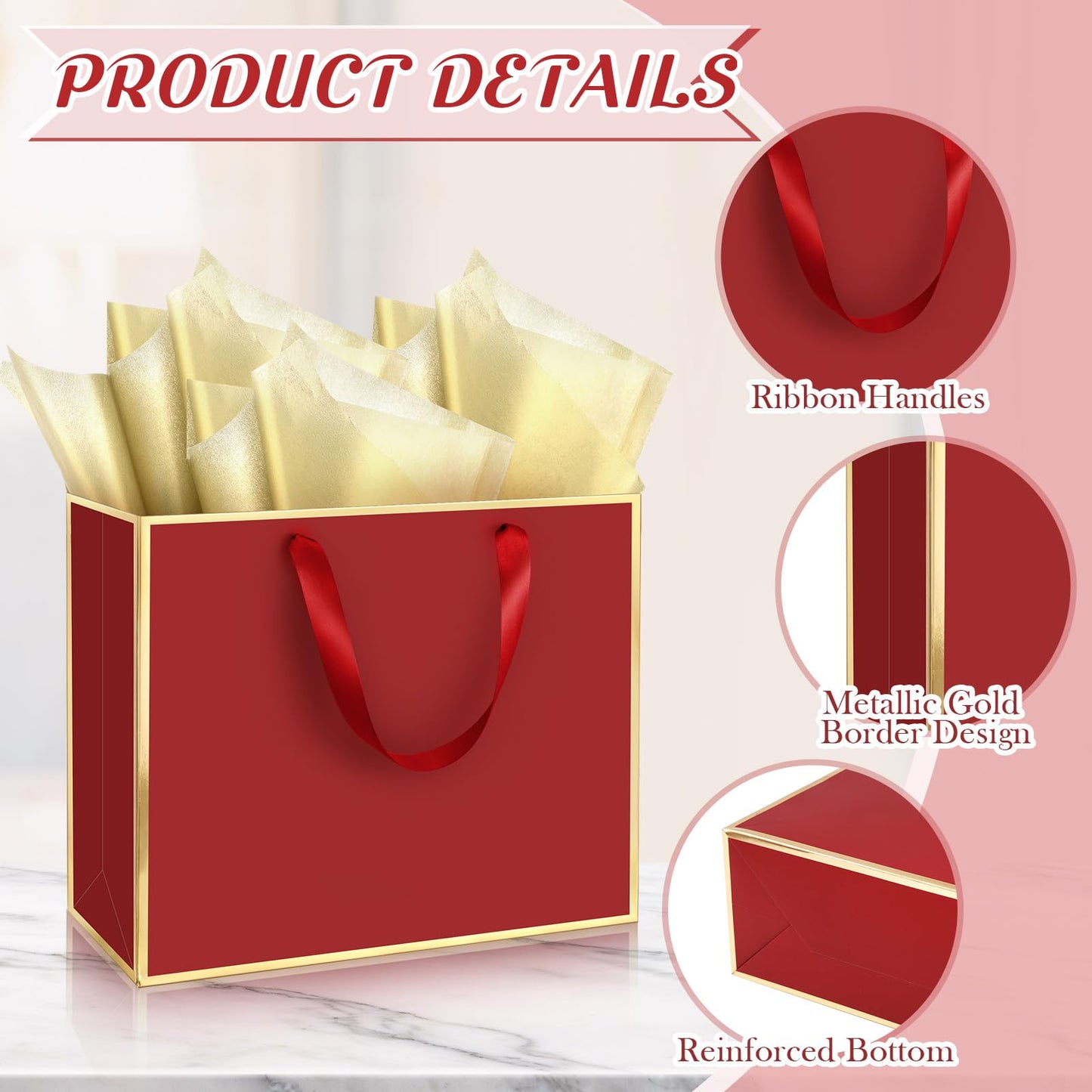 ReliThick 12 Pack Metallic Paper Gift Bag with Handles and Tissue Paper 11.8 x 10 x 4'' Thank You Favor Bag for Graduation Mother's Day Wedding Bridesmaid Groomsman 5 Senses Gifts (Burgundy Red,Gold)