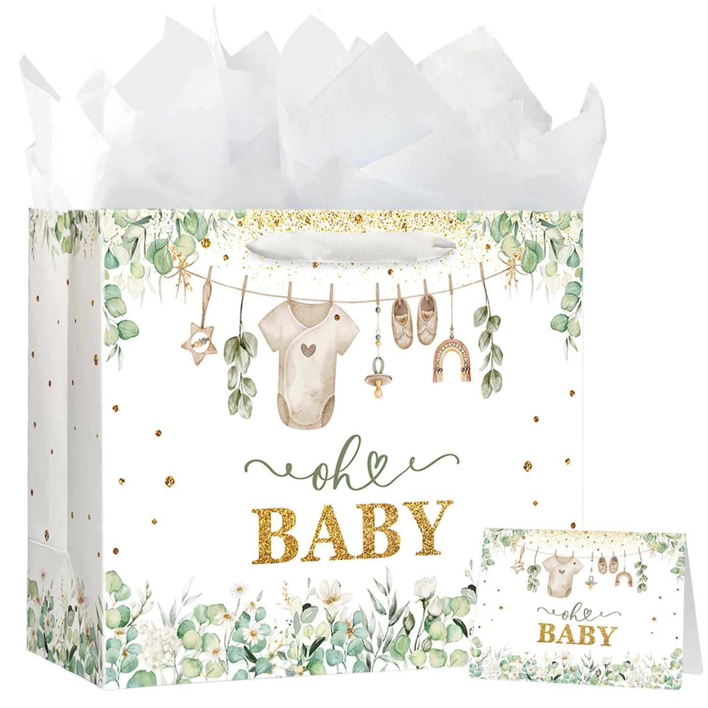 Yusenguan 13" Large Baby Gift Bag with Tissue Paper, Greeting Card and Handle for Baby Shower Boys Girl's Kid's Birthday Parties (Green)