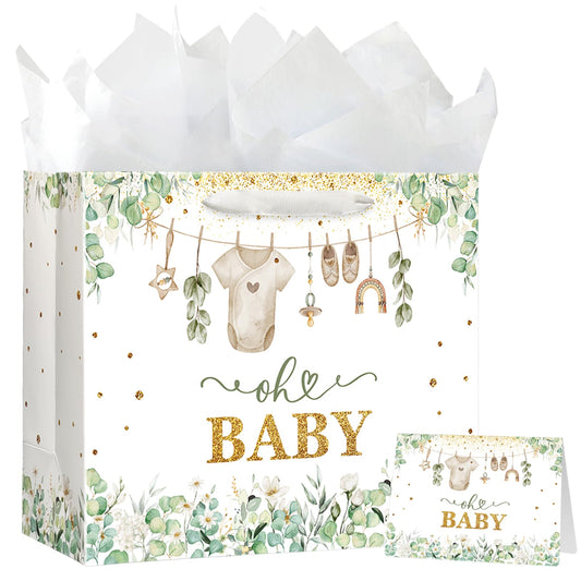 Yusenguan 13" Large Baby Gift Bag with Tissue Paper, Greeting Card and Handle for Baby Shower Boys Girl's Kid's Birthday Parties (Green)