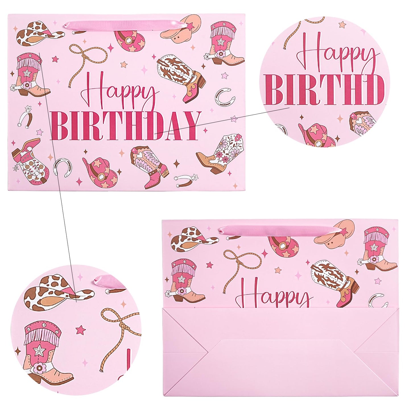 LeZakaa 13" Western Birthday Gift Bag for Kids Girls, Happy Birthday Cowgirl Hats Boots Lassos Horseshoes Stars Design, Tissue Paper, Greeting Card, 13" x 10" x 5", 1 Pcs
