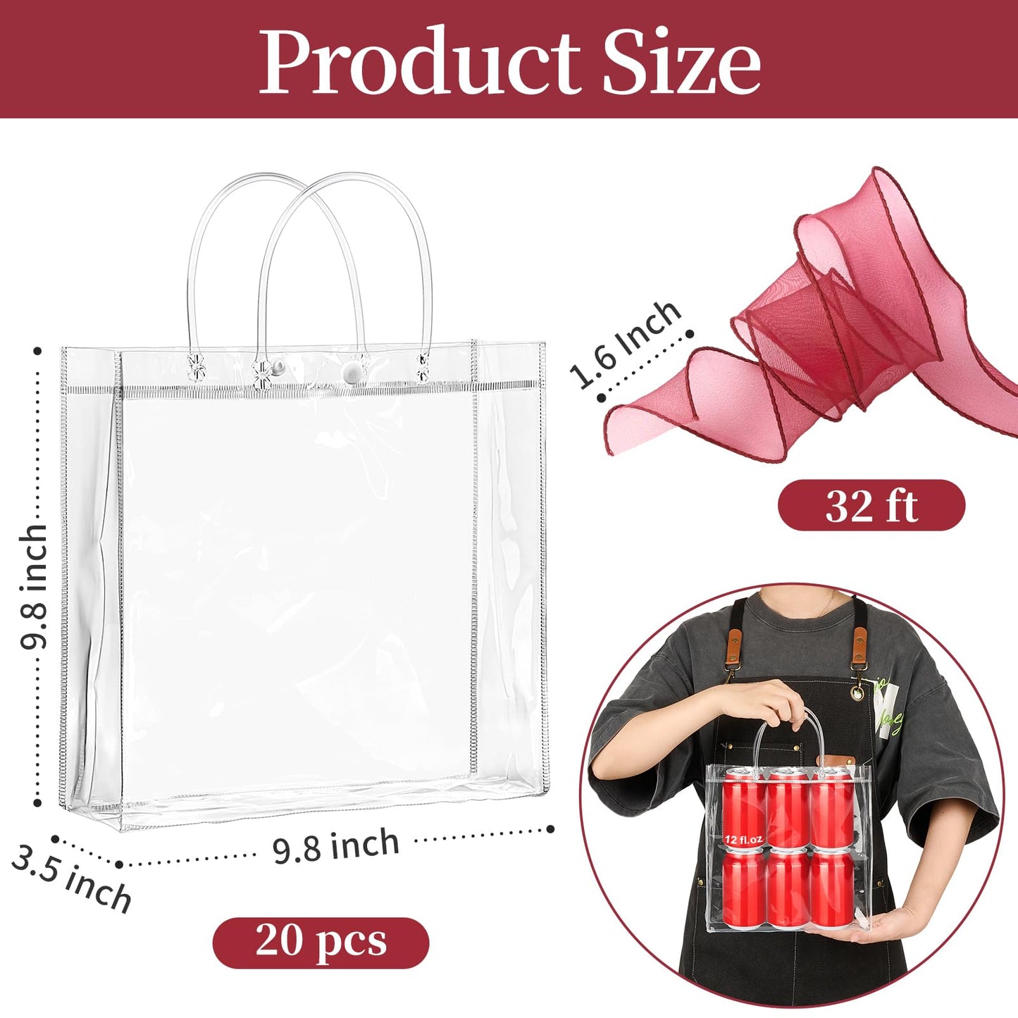 Jutieuo 20 PCS Clear Gift Bags with Handles, 9.8 x 9.8 x 3.5 Inches Reusable Plastic Goodie Bag Transparent Party Favor Bags Bulk for Weddings Birthdays Events, Classrooms & Celebrations