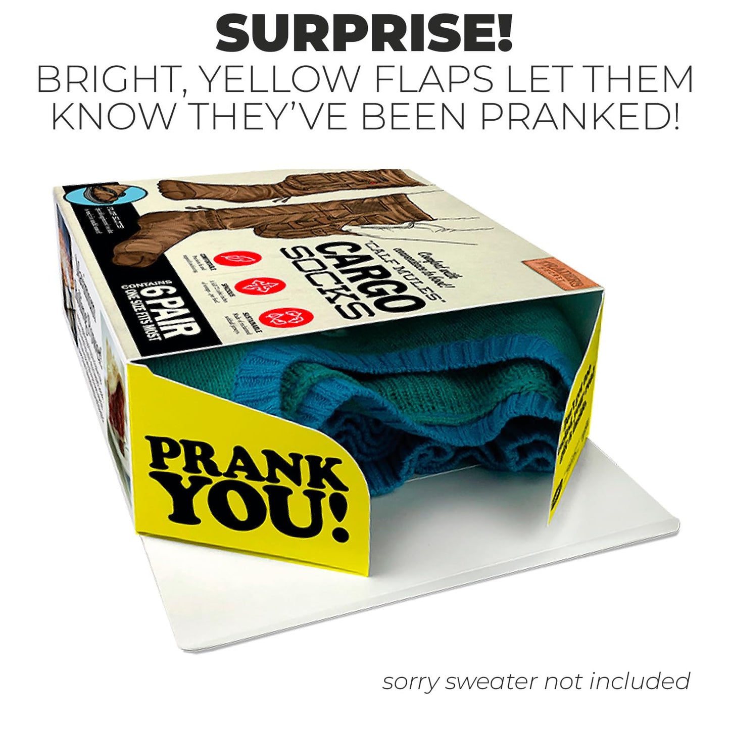 Prank-O Cargo Socks Prank Gift Box – Empty Joke Present Box for Adults & Teens, Funny Gag Gift Wrap for White Elephant, Secret Santa, Christmas, Birthdays, Office Parties & Holiday Gift Exchanges