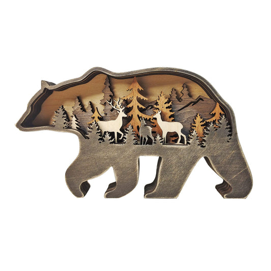 MACLARONX Wood Bear Art Decor Multi-Layer Brown Bear Figurine Rustic Home Shelf Desktop Decorations Creative Wild Animal Cutout Silhouette Crafts