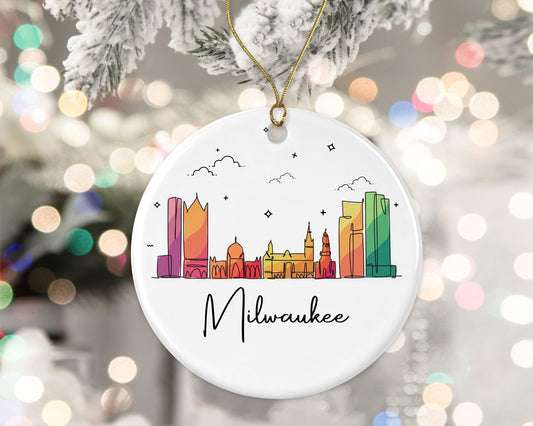 Milwaukee City Ornament, Milwaukee City Christmas Ornament, Landmarks Xmas Ornament, Colorful City Skyline Graphic, New City Gifts for Christmas Printed on Both Sides