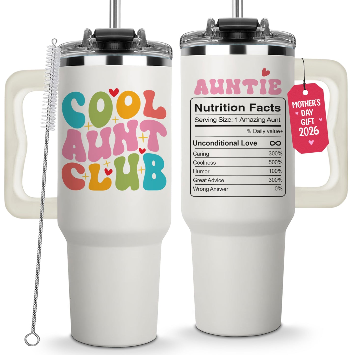 Mothers Day Gifts for Aunt - Cool Aunt Club Coffee Tumbler 40Oz, Best Auntie Gifts from Niece Nephew for Birthday, Presents for First Time & Best Auntie Ever, New Aunty Cup with Handle Straw