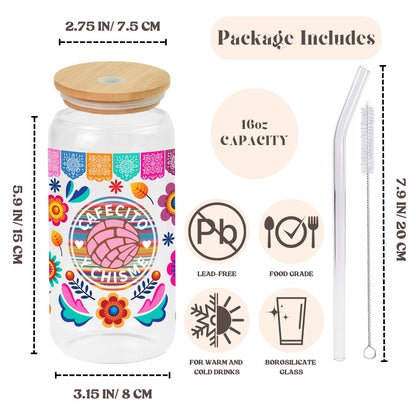 Cafecito Y Chisme 16oz Glass Cup with Bamboo Lid and Straw, Friend Present for Women, Mexican Coffee Glass Cup for Iced Coffee, Sisters, Christmas