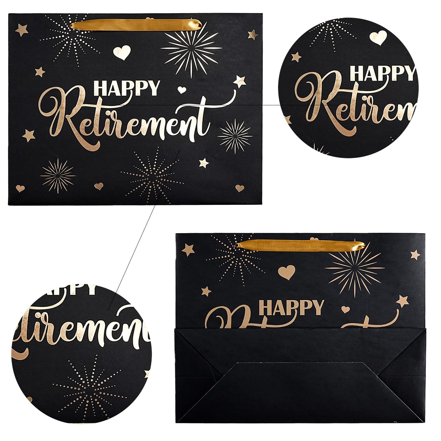 LeZakaa Happy Retirement Gift Bag, Black Goil Foil Hearts Stars Fireworks Design with Tissue Paper and Greeting Card for Men Women, 13" x 10" x 5", 1 Pcs