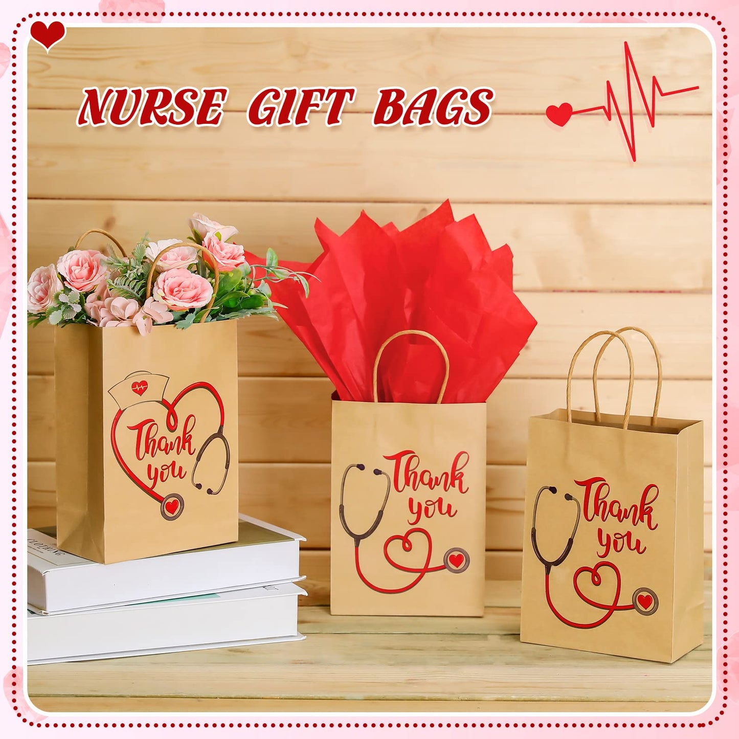 Glenmal 30 Pcs Thank You Nurses Bags with Tissue Paper Kraft Nurses Week Gift Bags Bulk Nurse Graduation Storage Bags Appreciation Nurse Goody Bags for Nurse Day Party Favors Gift Wrapping Supplies