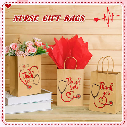Glenmal 30 Pcs Thank You Nurses Bags with Tissue Paper Kraft Nurses Week Gift Bags Bulk Nurse Graduation Storage Bags Appreciation Nurse Goody Bags for Nurse Day Party Favors Gift Wrapping Supplies