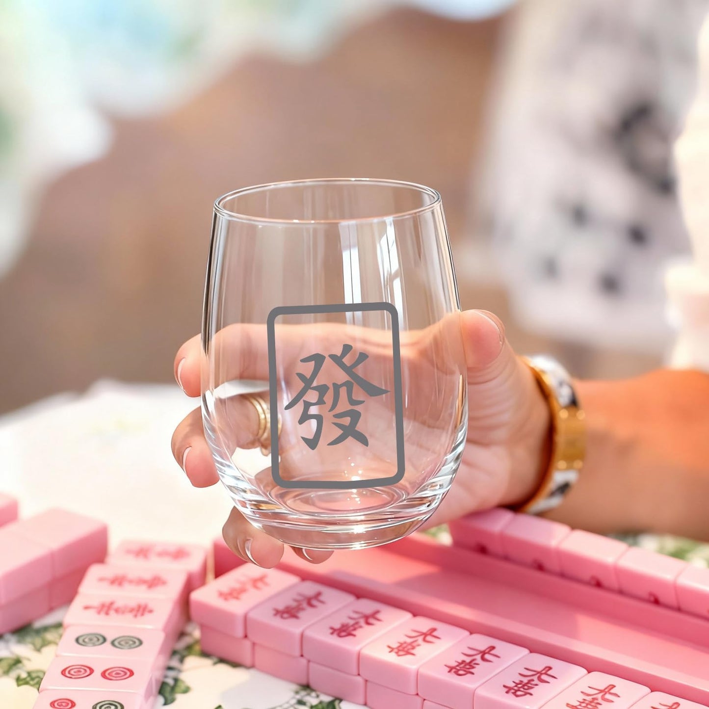 LemonRoad 4 Pcs Mahjong Wine Glasses Funny Mah Jong Party Supplies for Night, Gifts for Mahjong Lovers, Birthday Party Decorations & Family Play Day (Stemless Glass,17 oz)