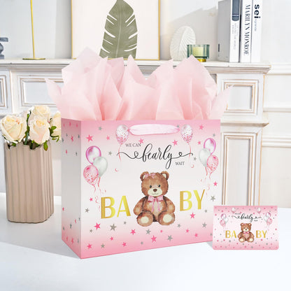 Laidans 13" Baby Shower Birthday Gift Bag for Girl with Tissue Papers and Card Pink Balloons Bear Design with Handles (Pink)