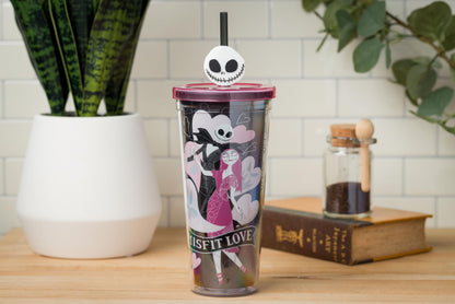 Silver Buffalo Disney The Nightmare Before Christmas Misfit Love Featuring Jack Skellington and Sally Plastic Cold Cup with Lid and Straw Topper, 24 Ounces