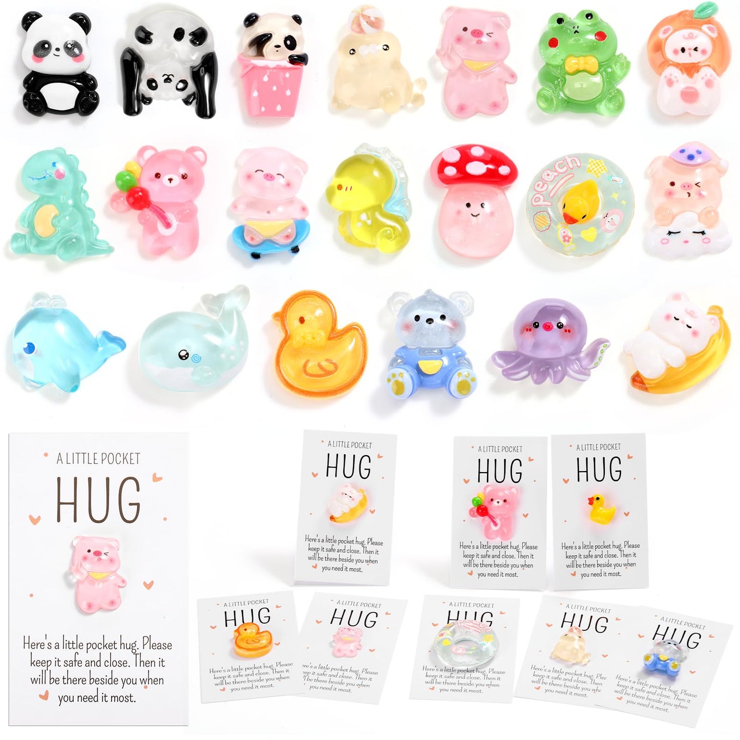 Wonderjune 20 Sets Pocket Hug Bulk Gift Mini Resin Animal Small End of Year Gifts for Student Teacher CNA Thank You Gift Inspirational Emotional Pocket Hug Card for Coworker Employee Friend (Stylish)