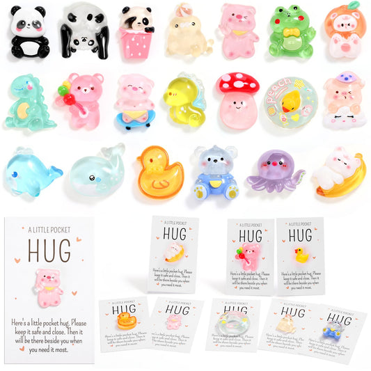 Wonderjune 20 Sets Pocket Hug Bulk Gift Mini Resin Animal Small End of Year Gifts for Student Teacher CNA Thank You Gift Inspirational Emotional Pocket Hug Card for Coworker Employee Friend (Stylish)