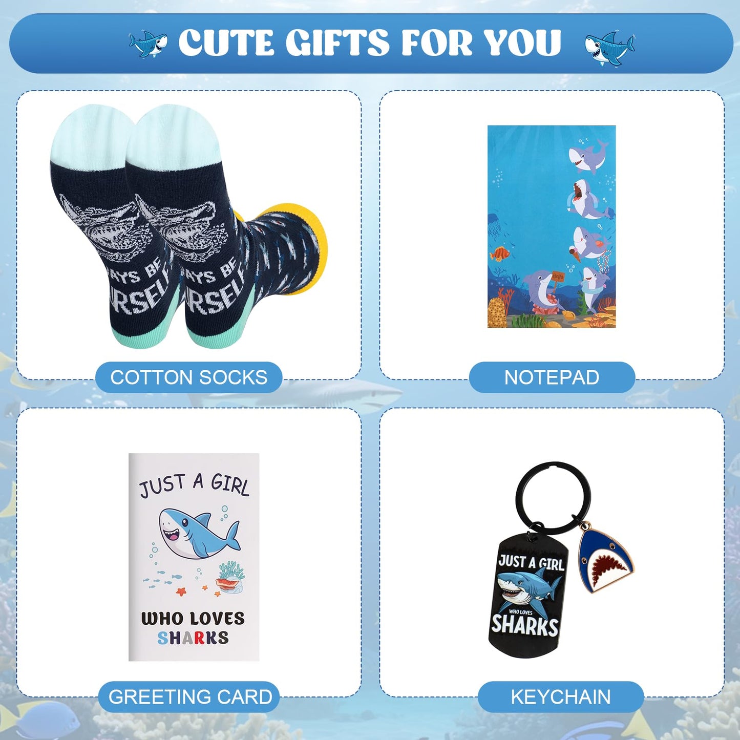 Shark Gifts for Women, 9 Pcs Shark Lovers Gift for Girls Including Tumbler Tote bag Makeup Bag Shark Coin Purse Socks Notepad Keychain Gift Card for Christmas Birthday Mothers Day