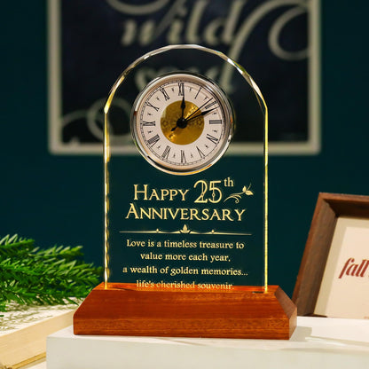 YWHL 25th Wedding Anniversary Clock Gifts for Couple, 25 Years Anniversary Keepsake Gift for Wife Husband, Table Clock Glass Presents with Wooden Light Base for Home Decoration (Battery not Included)
