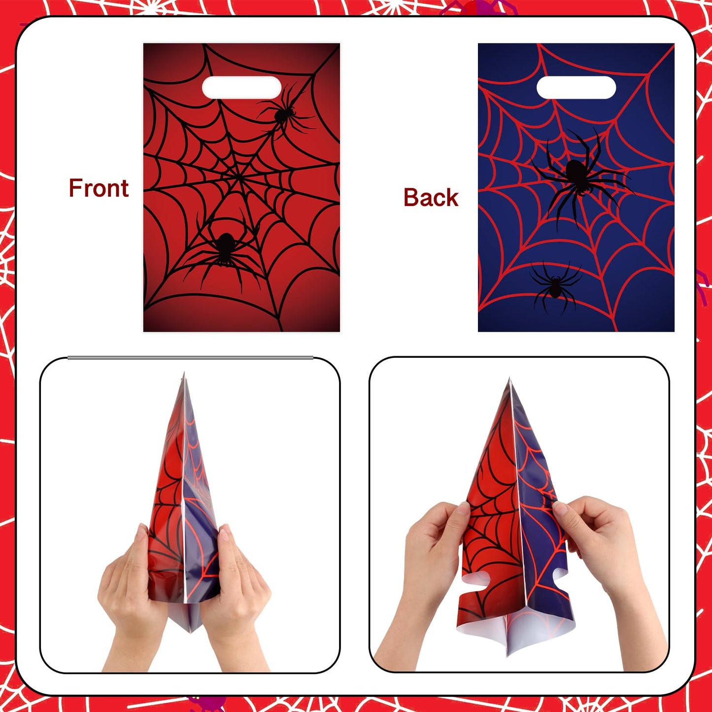 Hooqict 50PCS Spider Web Goodie Bags Party Favors Plastic Spider Gift Bags with Handle Snack Goody Treat Candy Bag for Kids Boys Cartoon Birthday Party Decorations Supplies