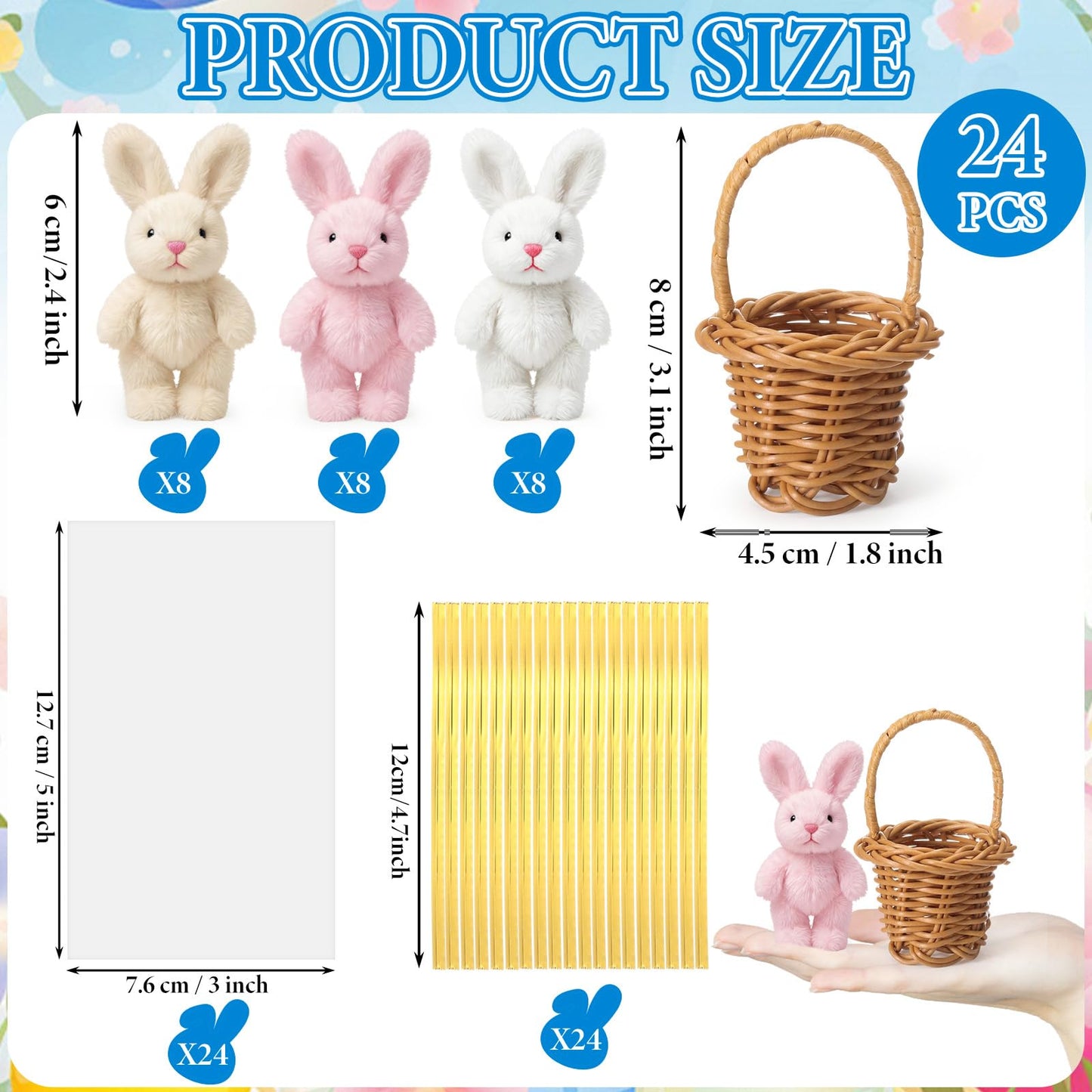 Seenelling 24 Set/ 72 Pcs Easter Gifts Bulk, Mini Easter Bunny Plush with Mini Wicker Basket, 2.4 in Stuffed Rabbit with 3.1 in Woven Basket, Bunny Party Favor, Team Appreciation Gift