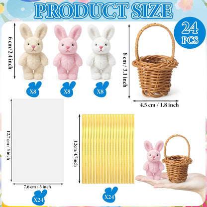 Seenelling 24 Set/ 72 Pcs Easter Gifts Bulk, Mini Easter Bunny Plush with Mini Wicker Basket, 2.4 in Stuffed Rabbit with 3.1 in Woven Basket, Bunny Party Favor, Team Appreciation Gift