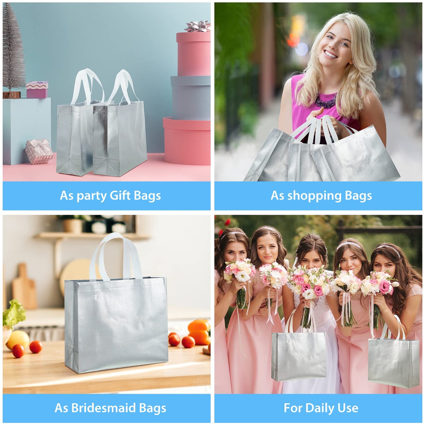 Eccliy 60 Pcs Reusable Gift Tote Bags Housekeeping Appreation Grocery Shopping Bag with Handles for Bridesmaid Wedding(Silver)