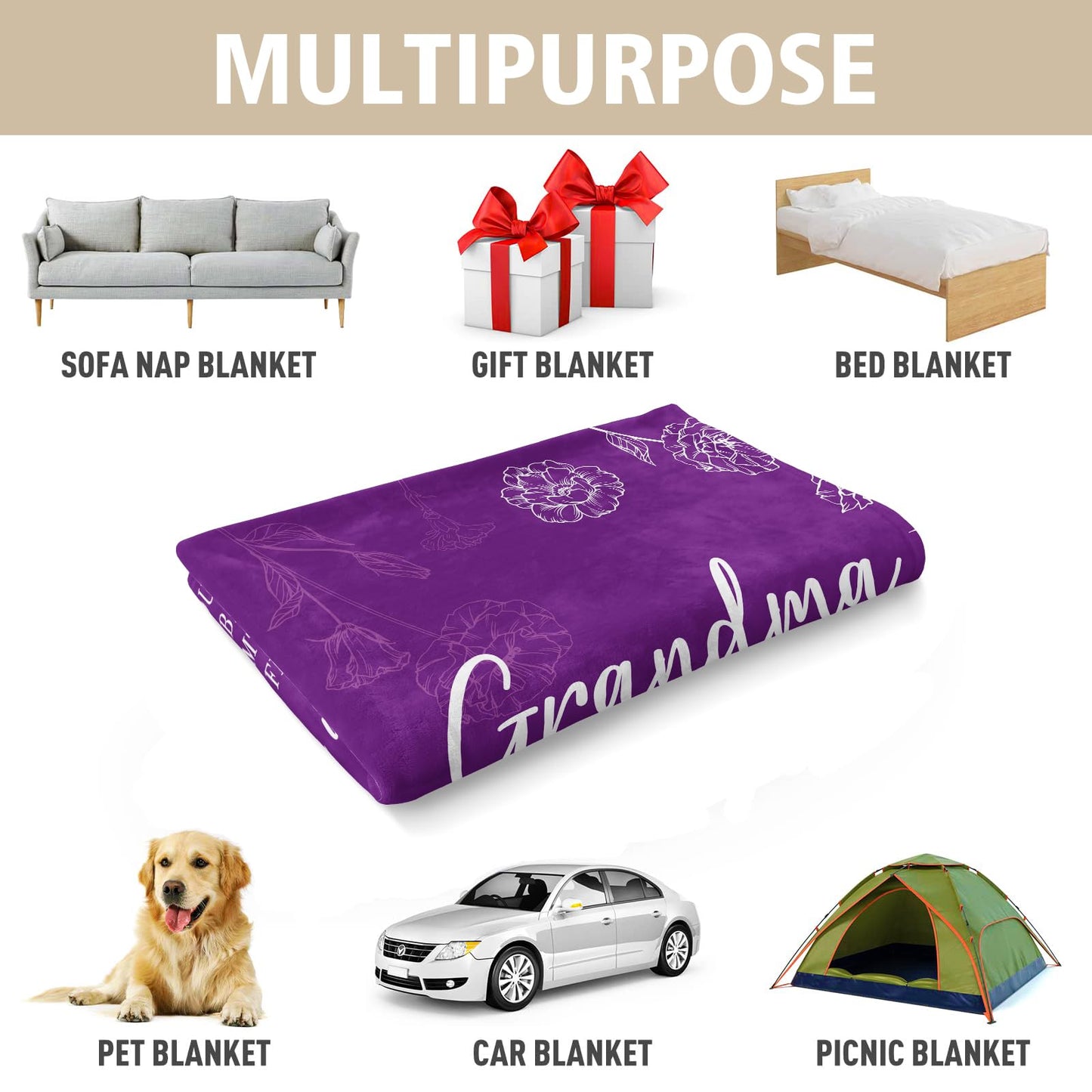Grandma Gifts, Birthday Gifts for Grandma from Grandkids, to My Grandmother Soft Throw Blanket for Christmas Mothers Day 50" x 60", Purple