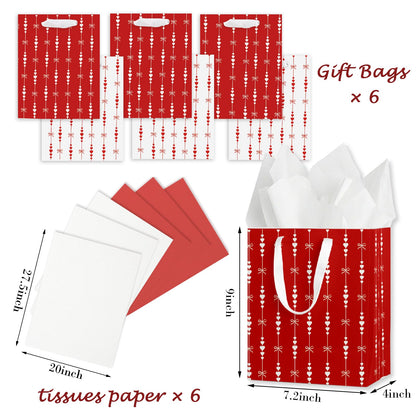 wjrsxilt Valentine's Day Gift Bags Set of 6 - Medium Sized 9" Red Hearts Bags with Handles incl. Matching Tissue Paper - Reusable & For Presents of Any Birthday, Weddings, Valentine's Day