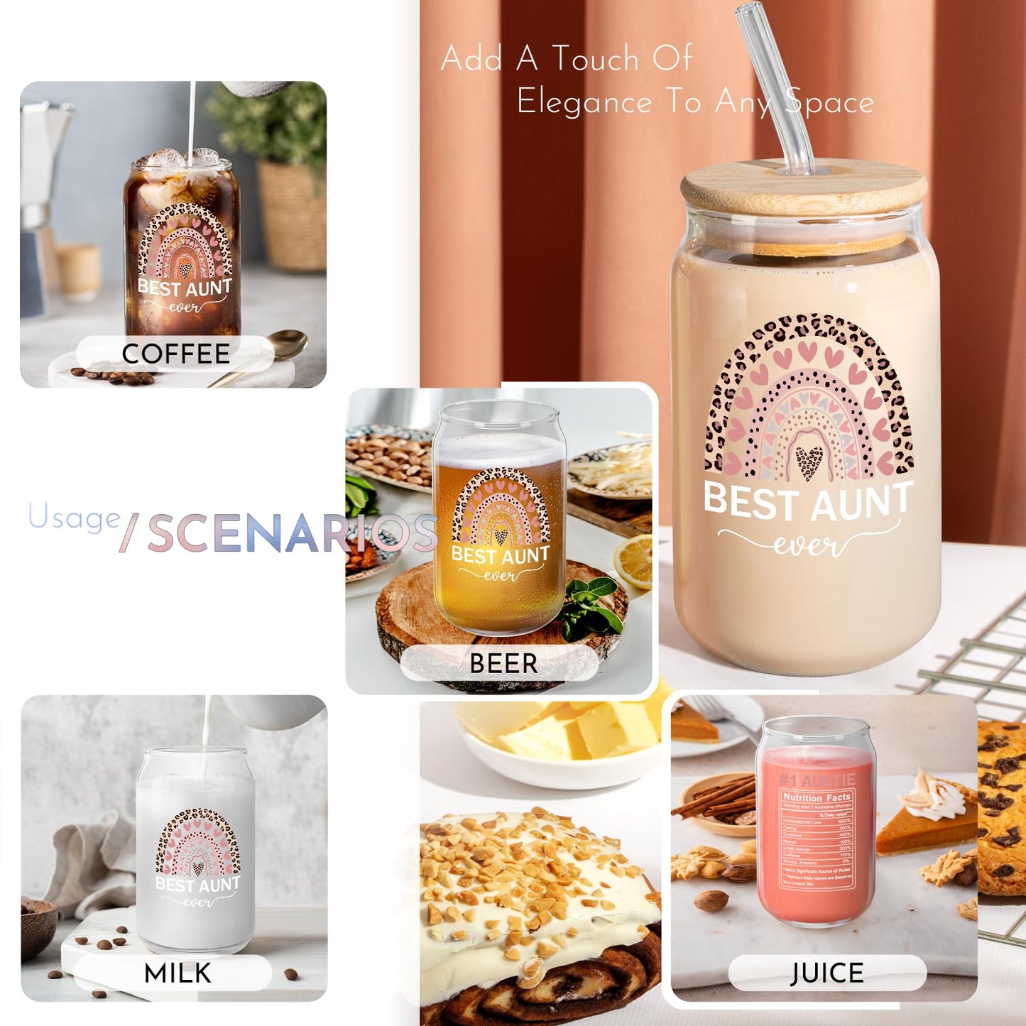 Aunt Birthday Gifts Ideas - Best Aunt Ever Gifts, Mother’s Day Gifts for Aunt Auntie from Niece, Funny Gifts for New Aunt, 16 Oz Can Glass