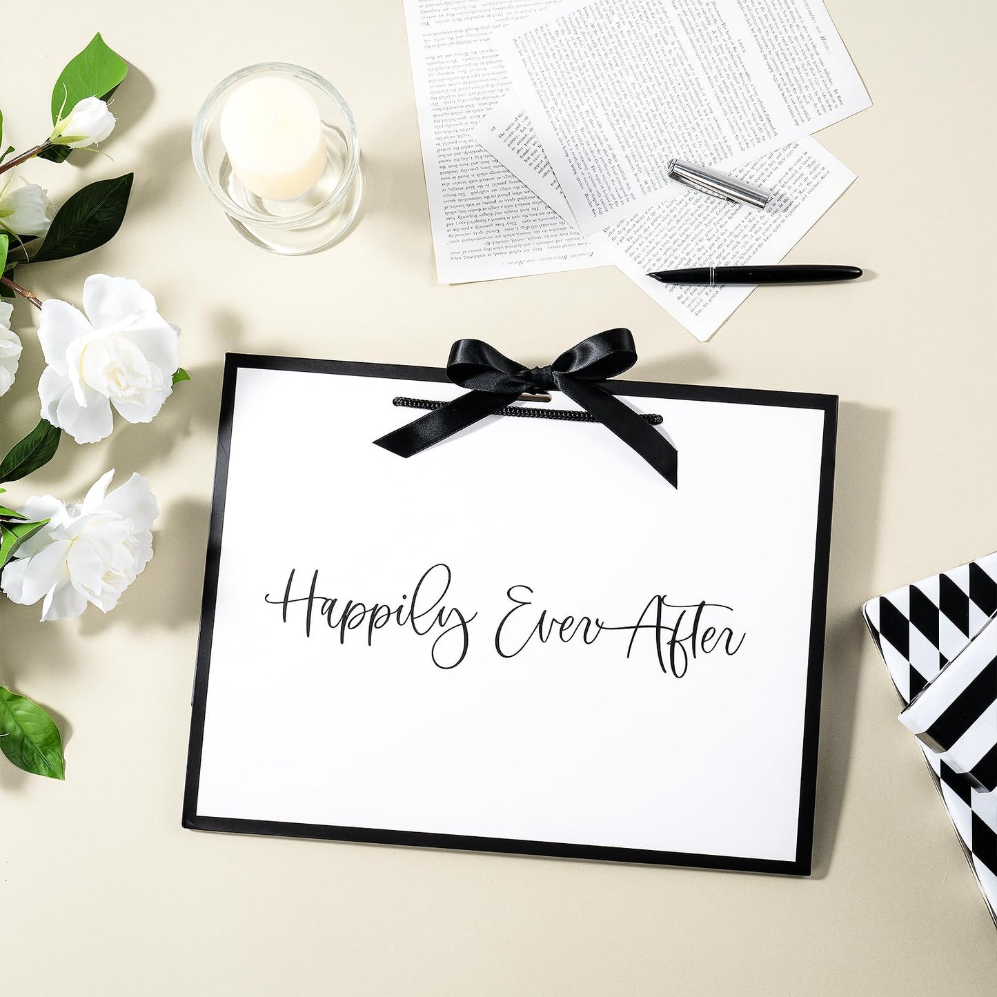 Loveinside 13" Large Wedding Gift Bag, White & Black Happily Ever After Elegant Script Design Party Bag with Bow Ribbon for Wedding, Bridal Shower, Engagement, Newlywed Gift, 13" x 5" x 10", 1 Pcs