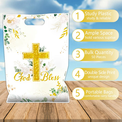 Falueqg Baptism Party Favor Bags - Bulk First Communion Favors for Guests Reusable Treat Bag, Baptism Party Goodie Suprise Pinata Bags for Candy Cookies Popcorn (50 Pcs)