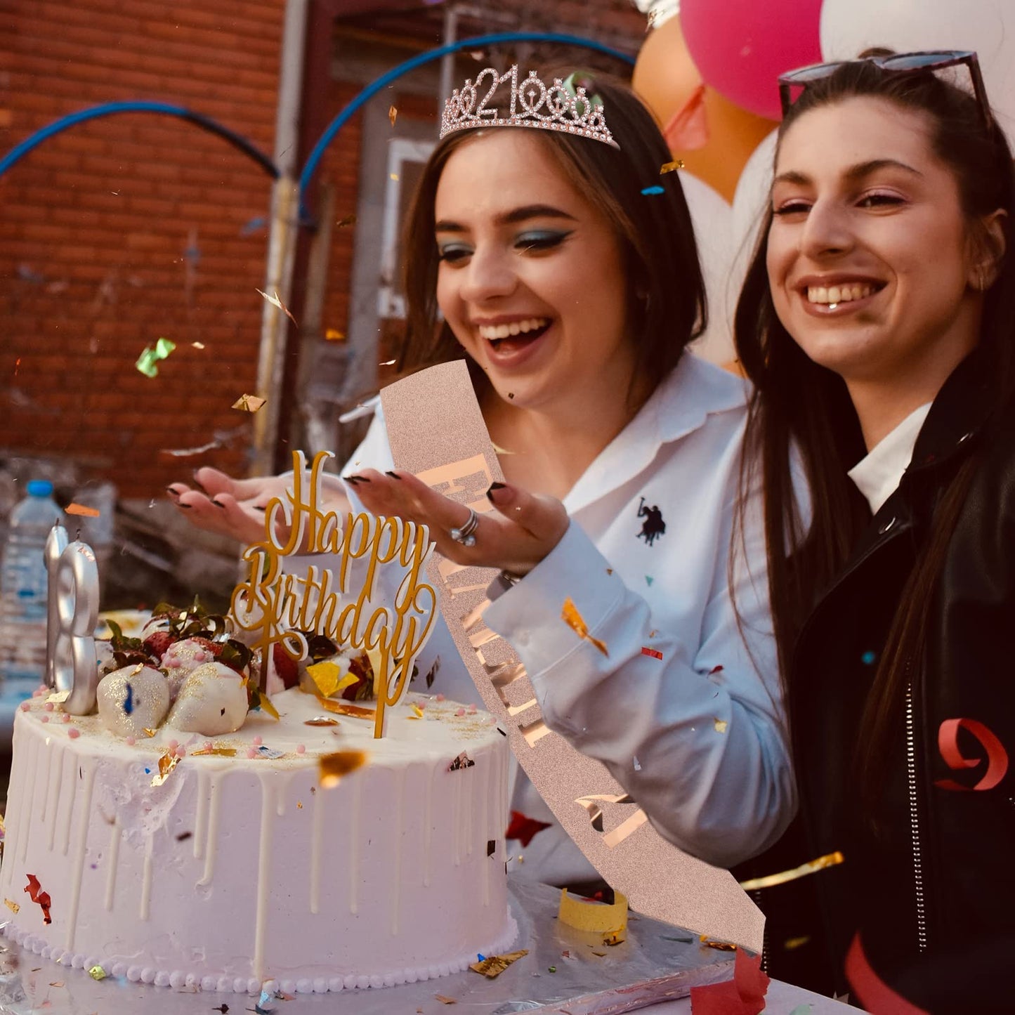 CAVETEE Rose Gold 21st Birthday Sash and Crown Set - Women's Birthday Queen Tiara and Sash
