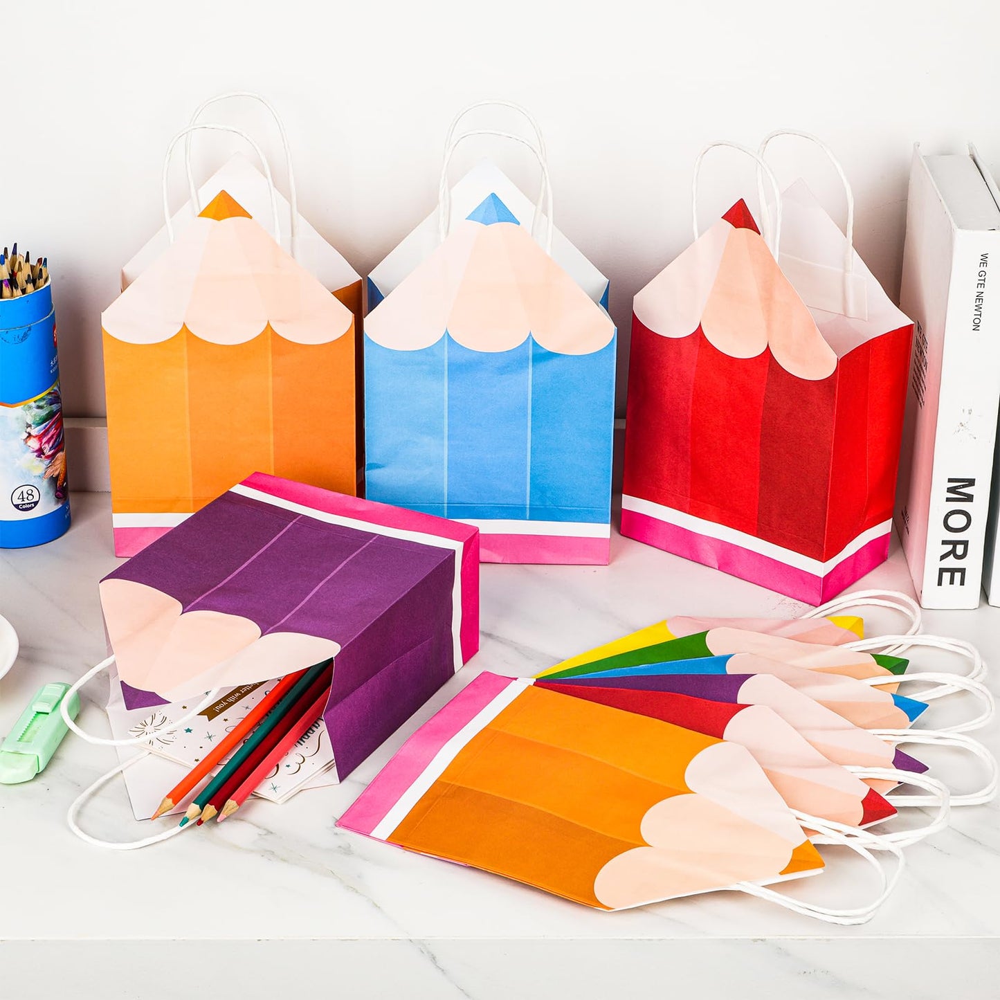 12Pcs Welcome Back to School Pencil Gift Favors Bags First Day of School Candy Boxes with Handle Pencil Goodie Treat Bag for Teacher Appreciation Kindergarten Graduation Birthday Party Supplies