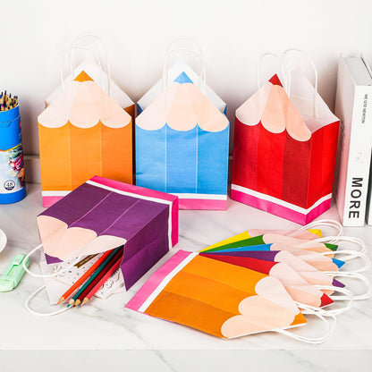 12Pcs Welcome Back to School Pencil Gift Favors Bags First Day of School Candy Boxes with Handle Pencil Goodie Treat Bag for Teacher Appreciation Kindergarten Graduation Birthday Party Supplies
