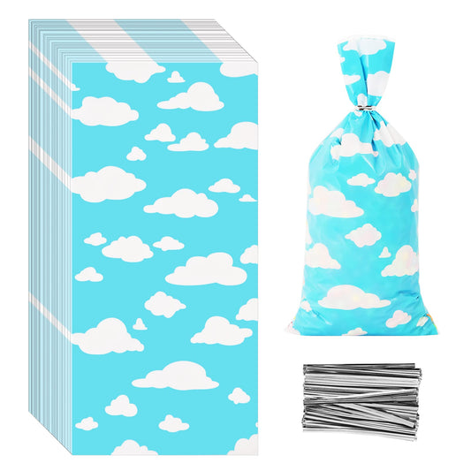 Lecferrarc 100 Pcs Blue Sky White Clouds Treat Bags White Clouds Print Cellophane Candy Bags Cartoon Story Party Favors with Twist Ties for Birthday Party Baby Shower Supplies