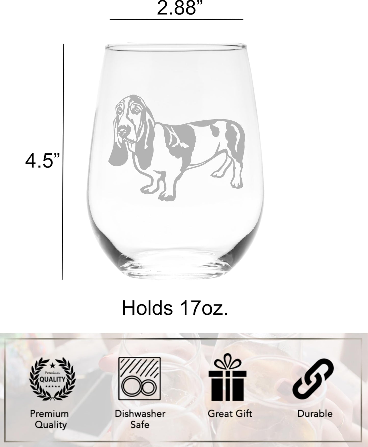 C M Basset Hound Dog Themed Stemless Wine Glass 17 oz. - 1 Piece - Basset Hound Gift for Men and Women (Style B2)