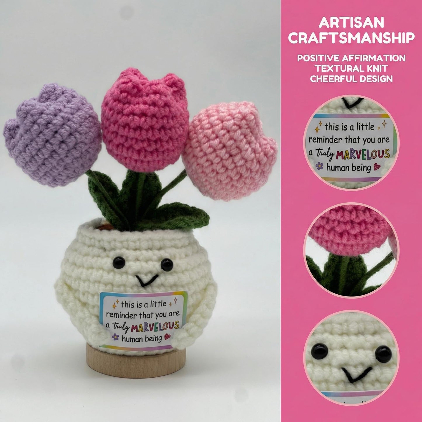 Handmade Crochet Tulip Doll, Positive Crochet Flowers, Perfect Teacher,Mothers Day, Birthday, Friendship Gifts for Women, Appreciation Gifts for Coworkers & Besties