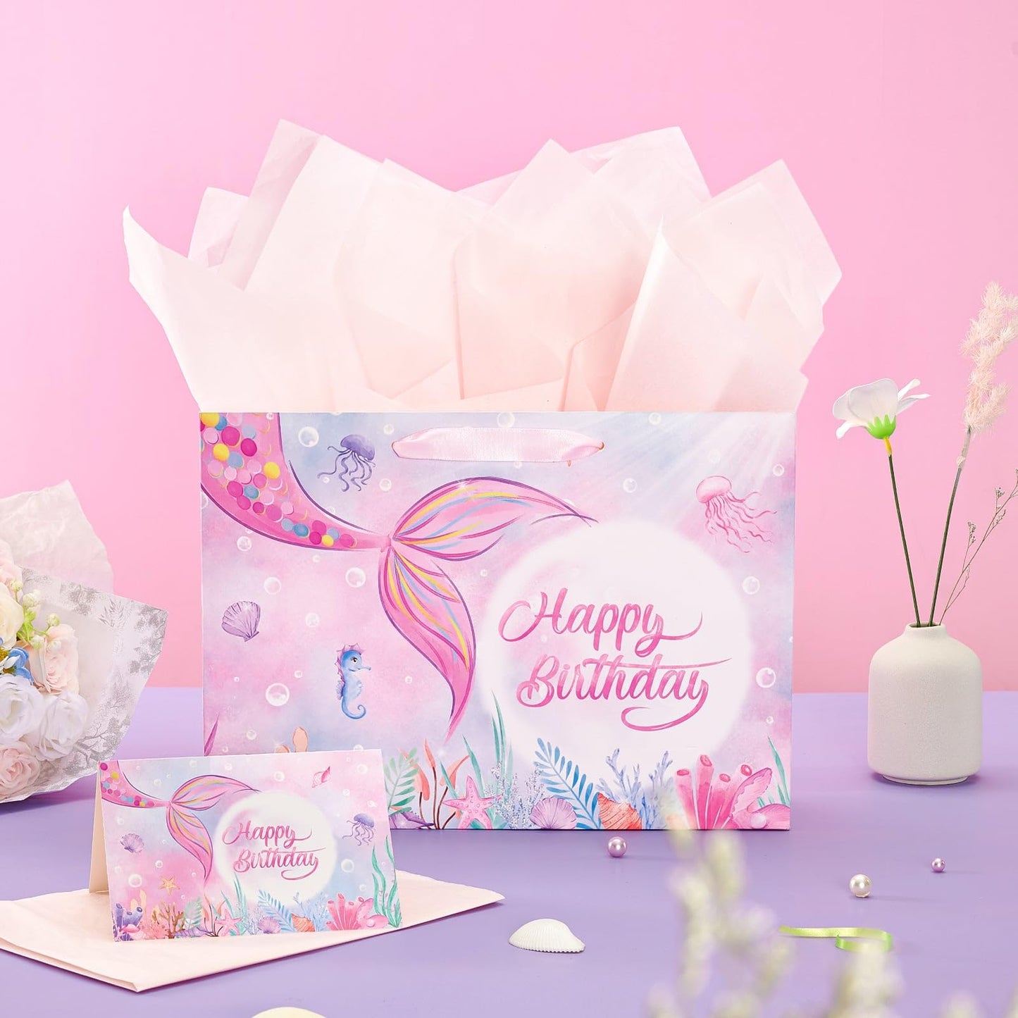 WERNNSAI Mermaid Birthday Bag – 13” Large Birthday Gift Bags for Girls with Greeting Card, Tissue Paper and Handles – Mermaid Gift Bag for Girls' Party