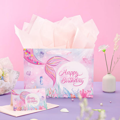 WERNNSAI Mermaid Birthday Bag – 13” Large Birthday Gift Bags for Girls with Greeting Card, Tissue Paper and Handles – Mermaid Gift Bag for Girls' Party