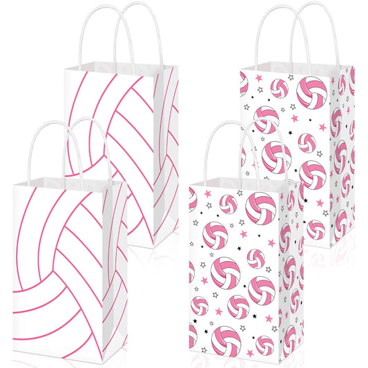 Eersida 16 Pcs Pink Volleyball Party Favor Pink Volleyball Goodie Bags Bulk with Handle Candy Treat Bags for Team Birthday Party Supplies