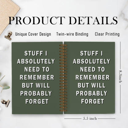 QLMX Funny Green Office Spiral Notebook, Funny Green Office Supplies Gifts for Coworkers Women Men, Stuff I Absolutely Need to Remember Journal, Humor Notebooks for Work, 5.5x8.3