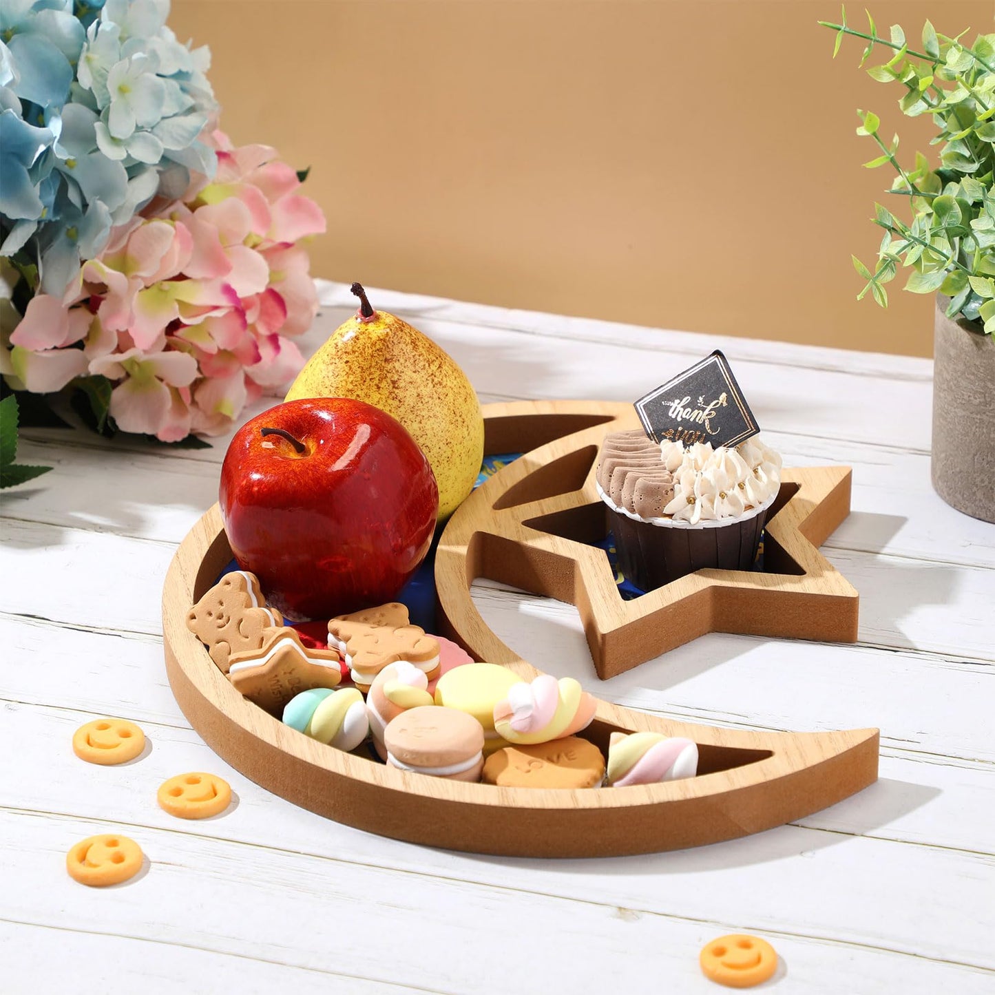 Capoda Ramadan Serving Tray Decoration - Wooden Moon and Star Tray Eid Mubarak Kareem Pastry Plate Gold Blue Food Dessert Snack Fruit Plate for Islamic Gifts Muslim Home Eid Party Supplies